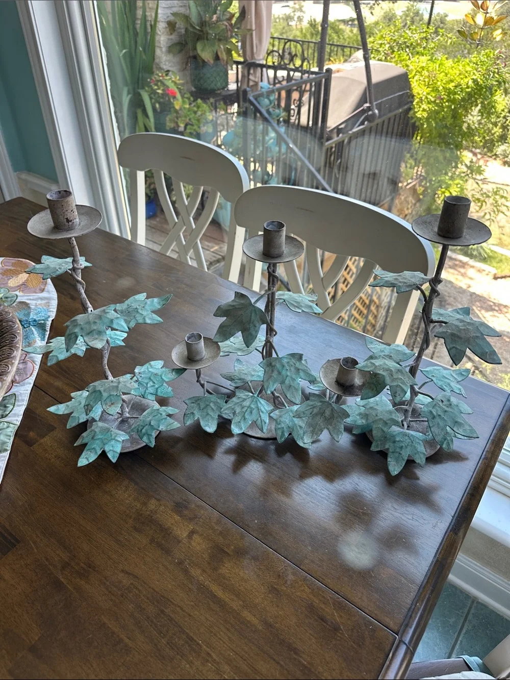 Metal Ivy Branch Candle Holders - Green Patina- set of 3